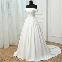 Chic A-line Off Shoulder White Satin Simple Evening Gowns/Wedding Dresses #SED263