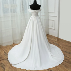 Chic A-line Off Shoulder White Satin Simple Evening Gowns/Wedding Dresses #SED263