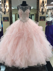 Pink Ball Gowns Long Prom Dresses Tulle Modest Prom Dress Evening Dresses #SED266
