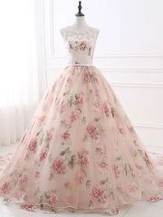 Chic Long Prom Dresses Ball Gowns Pearl Pink Flower Prom Dress Evening Dresses SED407