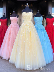 A-line Spaghetti Straps Modest Cheap Long Prom Dresses Applique Evening Dress SED517