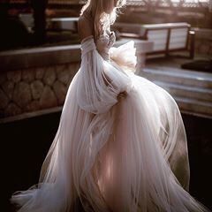 Blushing Pink Long Wedding Dresses Off-the-shoulder Long Sleeve Wedding Gowns SEW001|Selinadress