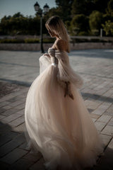 Blushing Pink Long Wedding Dresses Off-the-shoulder Long Sleeve Wedding Gowns SEW001|Selinadress