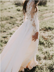 Rustic Long Sleeve Lace Wedding Dress With Lining A-line Beach Wedding Dresses SEW005|Selinadress