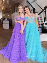 Chic A-line Off-the-shoulder Beaded Long Prom Dresses Feather Long Evening Dress Formal Dresses TKP001