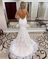 Trumpet/Mermaid Spaghetti Straps Lace Bridal Gonws Backless Wedding Dress SEW063|Selinadress