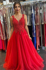 A-Line V Neck Open Back Red Lace Long Prom Dress, Evening Dress GRD013