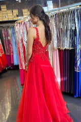 A-Line V Neck Open Back Red Lace Long Prom Dress, Evening Dress GRD013