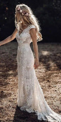Vintage Lace Wedding Dress Sexy Boho Ivory Beach Wedding Dress # SD0825