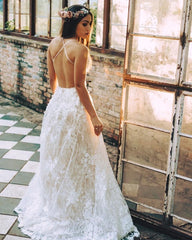 Spaghetti Straps Backless Rustic Wedding Dress With Split Sexy Lace Bridal Gowns SEW074