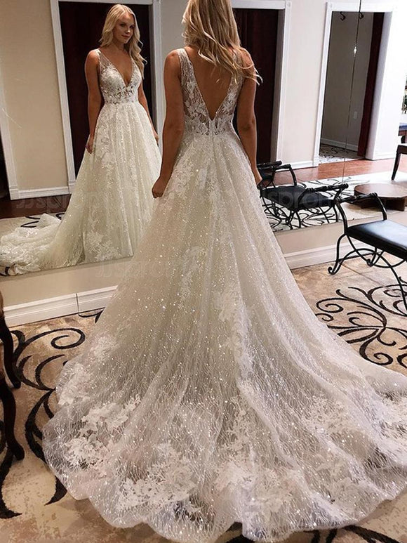 A Line V neck Sparkly Wedding Dresses Cathedral Train Lace Wedding Gowns SED354