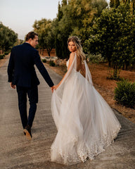 Open Back Spaghetti Straps Tulle Wedding Dresses Romantic Bridal Dresses SEW048|Selinadress