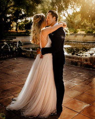 Open Back Spaghetti Straps Tulle Wedding Dresses Romantic Bridal Dresses SEW048|Selinadress