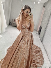 A-line Sparkly Straps V Neck Long Prom Dresses Sequin Evening Dress SED509|Selinadress