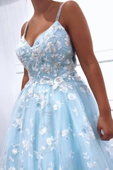 Spaghetti Straps Light Sky Blue Floral Long Prom Dresses Evening Dresses SED380|Selinadress