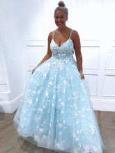 Spaghetti Straps Light Sky Blue Floral Long Prom Dresses Evening Dresses SED380|Selinadress