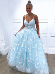Spaghetti Straps Light Sky Blue Floral Long Prom Dresses Evening Dresses SED380|Selinadress