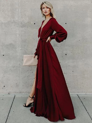 A-line Burgundy Long Prom Dresses Long Sleeve Simple Cheap Prom Dress SED561|Selinadress