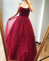 Burgundy Spaghetti Straps Beaded Long Prom Dresses Formal Evening Gowns SED431|Selinadress