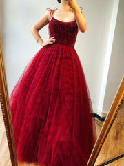 Burgundy Spaghetti Straps Beaded Long Prom Dresses Formal Evening Gowns SED431|Selinadress