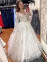 A Line Bateau Long Sleeve Embroidery Applique Vintage Wedding Dresses MLK05163|Selinadress