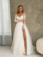 A-line Bateau Long Sleeve Wedding Dress Rustic Tulle Country Wedding Dresses KTC007|Selinadress