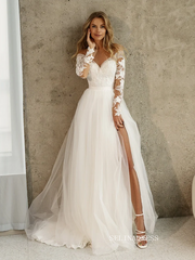 A-line Bateau Long Sleeve Wedding Dress Rustic Tulle Country Wedding Dresses KTC007|Selinadress