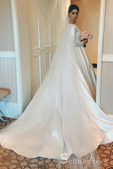 A-line Bateau Long Sleeve Wedding Dresses Princess White Satin Wedding Dress SEW055