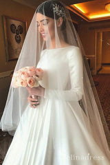 A-line Bateau Long Sleeve Wedding Dresses Princess White Satin Wedding Dress SEW055