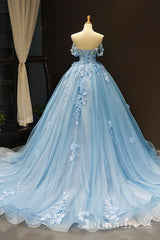 A-line Blue Off-the-shoulder Long Prom Dresses Vintage Lace Formal Dresses Evening Gowns SED036