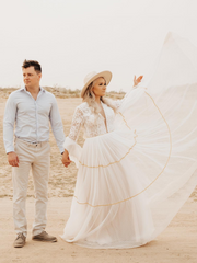 A-line Boho Lace Wedding Dresses Long Sleeve Rustic Wedding Gown Bridal Dress JKSS513|Selinadress