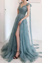 Bow Tie Straps Dusty Blue Prom Dresses A-line Lace Split Formal Dress SDE012