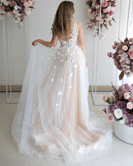 A-line Cap Sleeve Beach Wedding Dresses With 3D Lace Applique Rustic Wedding Dresses JKW211|Selinadress