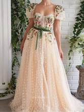 A-line Cream Colorful Floral Prom Dresses Embroidered Puff Sleeve Evening Gowns POL015|Selinadress
