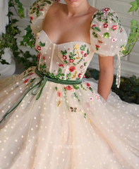 A-line Cream Colorful Floral Prom Dresses Embroidered Puff Sleeve Evening Gowns POL015|Selinadress