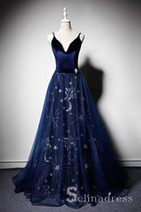 A-line Deep V neck Dark Navy Velvet Tulle Long Pageant Prom Dress Evening Dresses SED053|Selinadress