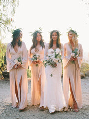 A-line Deep V neck Long Sleeve Chiffon Bridesmaid Dress Cheap Bridesmaid Dresses BRD015|Selinadress