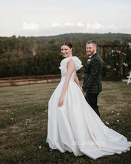 A-line Deep V neck Satin Rustic Wedding Dress Bridal Dresses JKP012|Selinadress