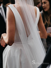 A-line Deep V neck Thigh Split Satin Wedding Dresses Bridal Gowns CBD092|Selinadress