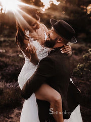 A-line Deep V Neck White Lace Wedding Dresses Open Back Bridal Gowns CBD386|Selinadress