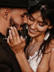 A-line Deep V Neck White Lace Wedding Dresses Open Back Bridal Gowns CBD386|Selinadress