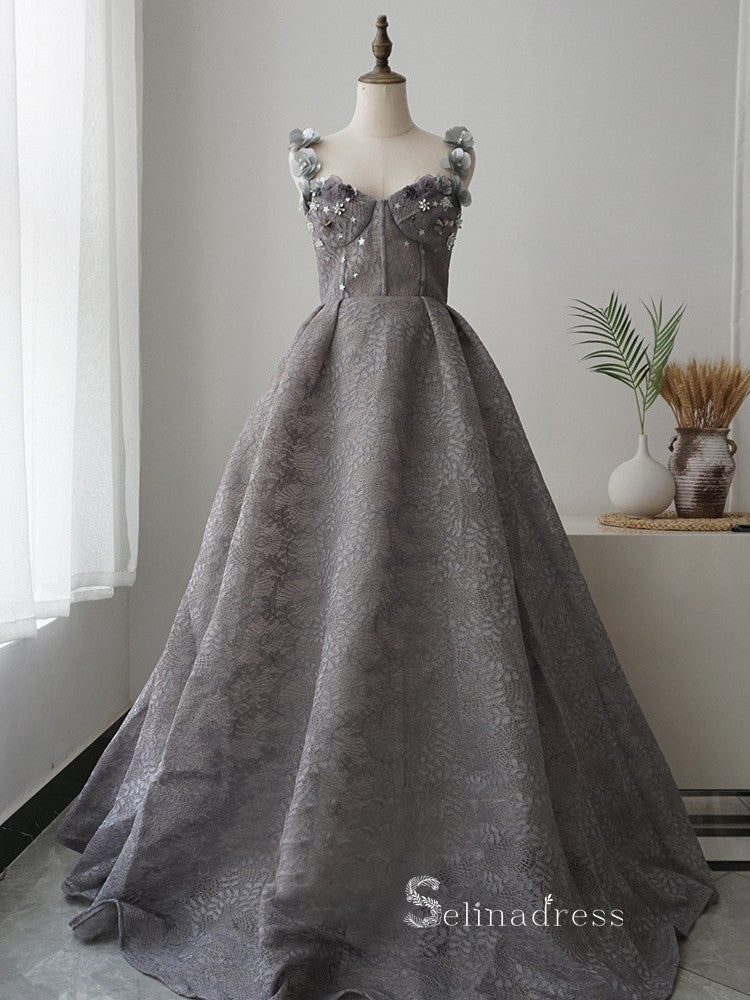 A-line Gray Straps Lace Applique Long Prom Dresses Luxury Evening Dres SELINADRESS A-line Gray Straps Lace Applique Long Prom Dresses Luxury Evening Dres SELINADRESS