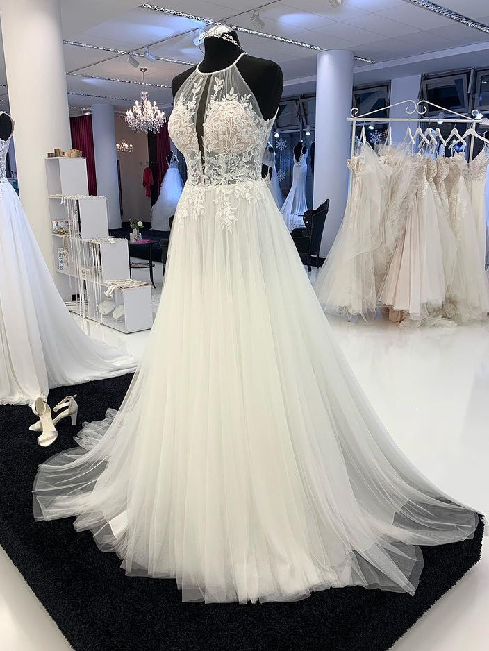 A-line Halter See Through Embroidery Wedding Dress Rustic Backless Bridal Dresses RYU017|Selinadress