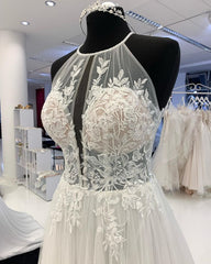 A-line Halter See Through Embroidery Wedding Dress Rustic Backless Bridal Dresses RYU017|Selinadress