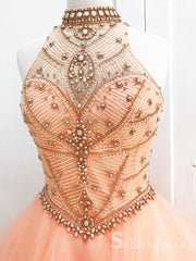 A-line High Neck Pearl Pink Beaded Long Prom Modest Formal Dress Evening Dress SED028