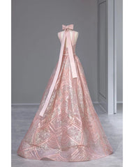 A-line High Neck Sparkly Prom Dress Cheap Bow Tie Pink Long Formal Dresses KPY060|Sleinadress