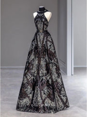 A-line High Neck Sparkly Prom Dress Cheap Bow Tie Pink Long Formal Dresses KPY060|Sleinadress