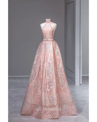 A-line High Neck Sparkly Prom Dress Cheap Bow Tie Pink Long Formal Dresses KPY060|Sleinadress