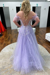 A-line Lavender Floral Lace Feathers Off-the-shoulder Prom Dress Lace up Formal Dress#QWE002|Selinadress
