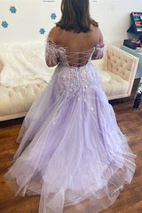 A-line Lavender Floral Lace Feathers Off-the-shoulder Prom Dress Lace up Formal Dress#QWE002|Selinadress